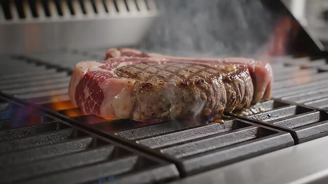 Thick T-bone beef steak searing on a professional gas grill