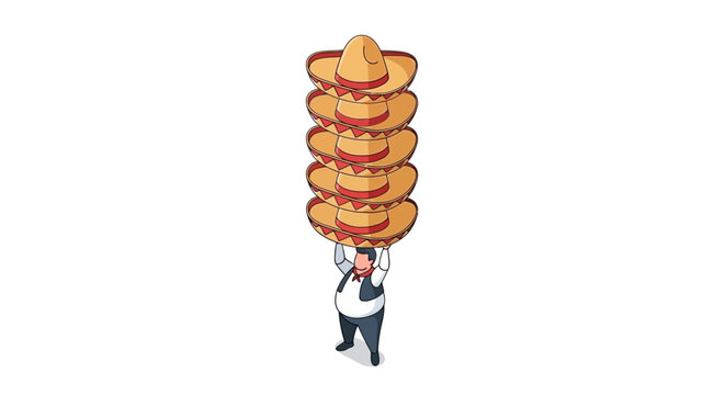 Cartoon waiter balancing a stack of traditional Mexican sombreros.