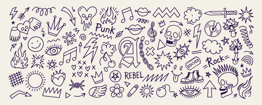Punk rock rebel doodle set, street art underground icons, edgy music subculture illustrations, rebel youth graphic elements, grunge style line art doodles, alternative lifestyle vector collection, pun