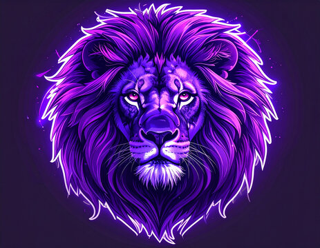 Vibrant purple neon lion head illustration.