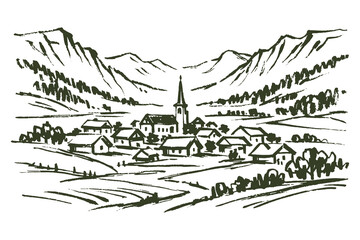 Fototapeta premium Alpine village landscape ink sketch vector illustration