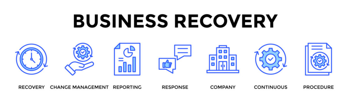 Business Recovery  Banner Web  Icon Set Collection Pack Vector Illustration Concept Containing Recovery, Change Management, Reporting, Response, Company, Continuous, Procedure