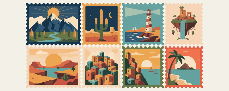 Vintage desert landscape postage stamps, cactus national park vector, lighthouse coastal mail stickers, retro travel philately art, western nature stamp set, scenic canyon postage design, colorful wan