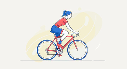 Obraz premium Vector illustration of woman riding bicycle, cycling, bike, red bike, blue shorts