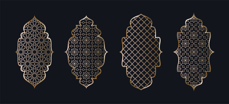 Beautiful golden ornamental frames with middle eastern pattern on the dark background. Luxury decorative vector elements.