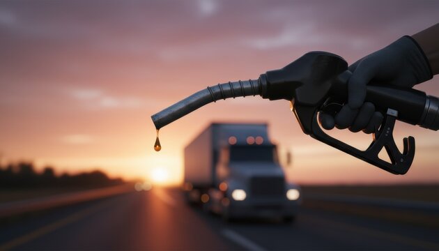 Fuel nozzle dripping oil with semi truck on highway at sunset representing logistics transportation and global supply chain energy consumption