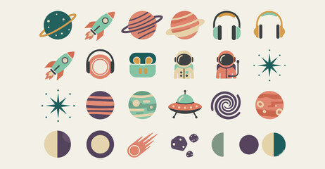 Space exploration and galaxy icons, astronaut and rocket ship illustration, planets and aliens vector doodle, futuristic science and technology set, outer space adventure and cosmos, telescope and ast © Geetaroy
