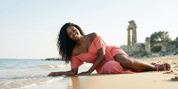 Curvy dark-skinned woman leaning on left arm, wearing coral pink dress, sitting on beach beside calm turquoise water, ancient stone structures visible blurred in distance.