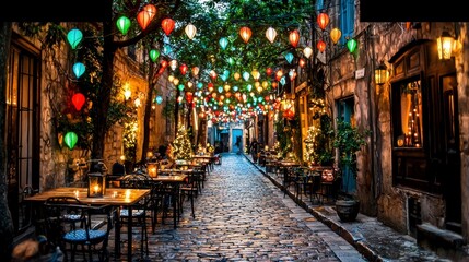 Fototapeta premium Charming Festive Lantern Lit Street Cafe at Night