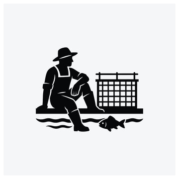 Fisherman and fish trap silhouette illustration