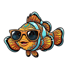 Naklejka premium A cheerful and vibrant cartoon clownfish character, wearing stylish sunglasses and featuring intricate, decorative patterns for a playful and eye-catching design