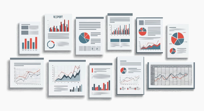 Illustrated business documents and reports filled with charts and graphs  in white background.