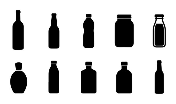 Minimalist bottle silhouette icons set, black glass and plastic container shapes, 10 beverage and liquid packaging vector elements for branding