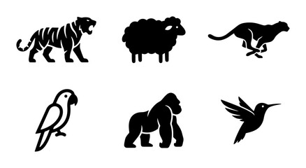 Minimalist animal silhouette icons, set of 6 black vector wildlife symbols, modern tiger sheep cheetah parrot gorilla and hummingbird logos © Kamruz