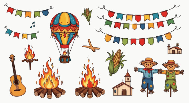 Vibrant festive elements arranged, including a hot air balloon, guitar, scarecrows, and bonfire in white background.