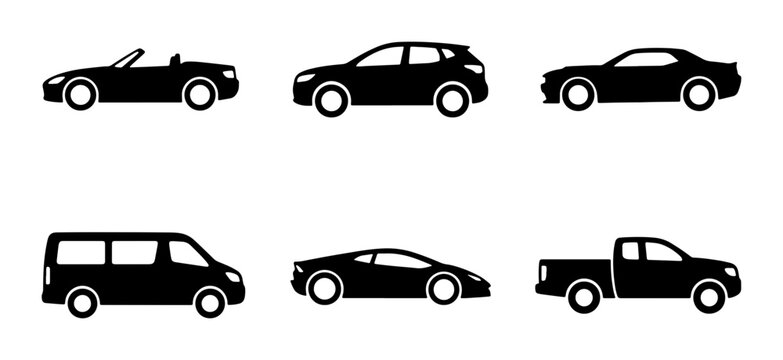 Minimalist car silhouettes set, 6 black vehicle icons including sedan, suv, and truck, modern automotive transport vector collection for web design