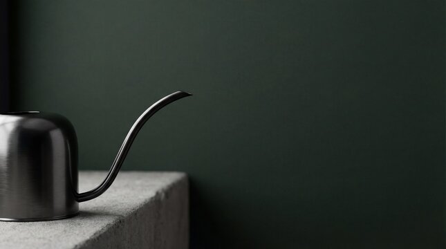 Minimalist black metal gooseneck kettle on stone surface near dark wall