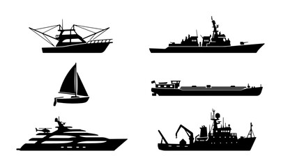 Nautical ship silhouettes set, 6 black vector icons of maritime vessels, commercial cargo boat and luxury yacht collection, naval warship and fishing trawler © Kamruz