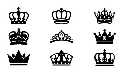 Royal crown icons set, black king and queen tiara silhouettes, 9 imperial heraldic vector symbols for luxury branding and premium logo design © Kamruz