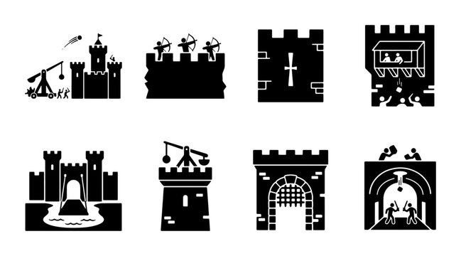 Medieval castle warfare icons set, 8 black silhouette vector elements of fortress siege, ancient battle defense and stone tower architecture