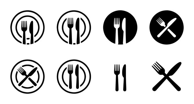Minimalist restaurant icon set with fork and knife symbols, black and white dining cutlery vector illustrations, 8 food service logo elements