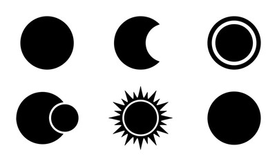 Minimalist solar eclipse icons set, black celestial moon phases vector, astronomical sun and moon silhouettes for science and astrology design © Shimu