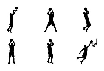 Basketball player silhouettes set, collection of 6 male athlete vector icons, basketball action poses including dunking and shooting, black sport figures © Shimu