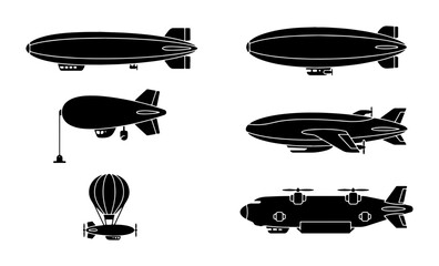 Vintage airship silhouette collection, 6 black dirigible and zeppelin vector icons, retro steampunk flying machines and blimp transport set © Shimu