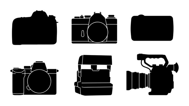 Camera silhouette collection with 6 vector icons, professional photography equipment set, vintage film and modern digital dslr camera shapes
