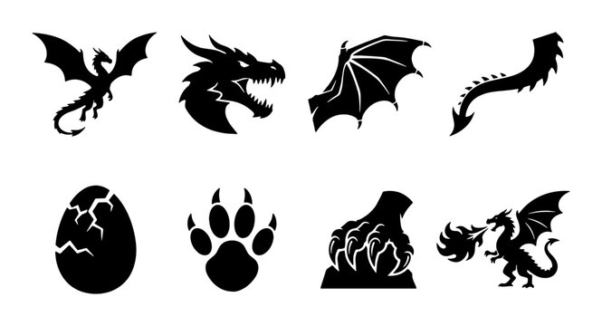Dragon silhouette icon set with 8 fantasy elements, mythical creature head and wings vector, fire breathing dragon and cracked egg symbols
