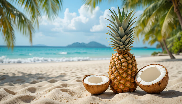 Pineapple and coconut on a tropical beach with palm trees and ocean waves