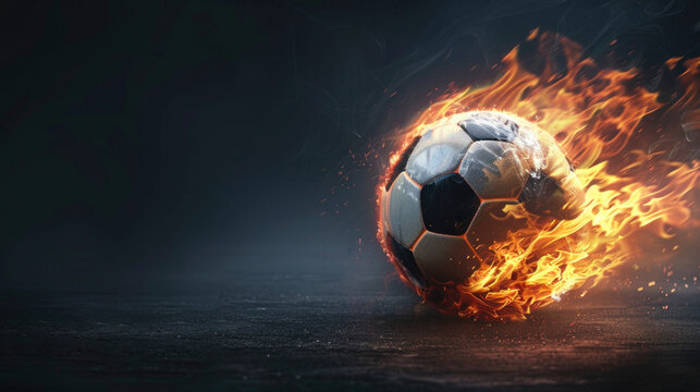 Dark background soccer ball fire trail particles smoke ash sports poster design
