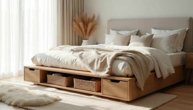 Wooden bed frame with storage drawers and woven baskets holds bedding. Light beige headboard, plush blanket, cushions, and fluffy rug create cozy bedroom ambiance. Neutral tones.