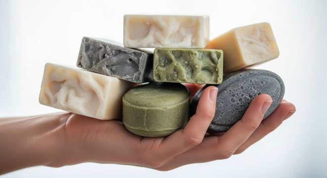 Hand holding a collection of various natural handmade soaps, close-up shot.