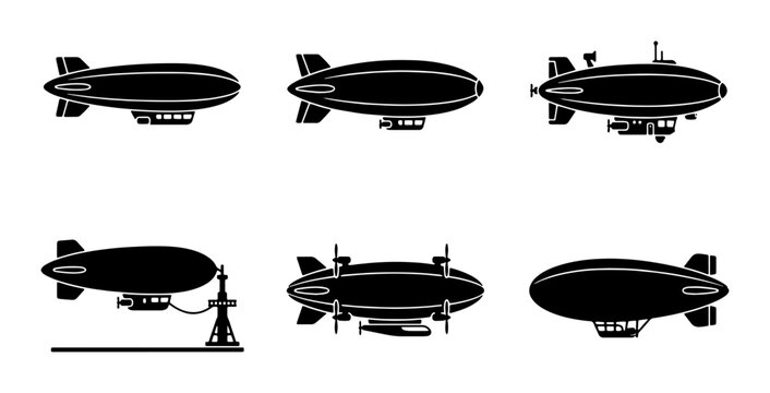 Vintage blimp silhouette collection, set of 6 airship vector icons, retro dirigible and zeppelin transport symbols, black aviation aircraft graphics
