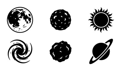 Minimalist space icons set, black celestial bodies vector collection, 6 astronomy symbols including moon sun saturn and galaxy for science education © Hamidur