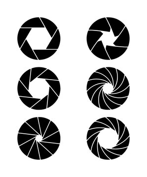 Camera shutter aperture icons set, black lens diaphragm vector collection, photography iris opening symbols for logo design and web interface