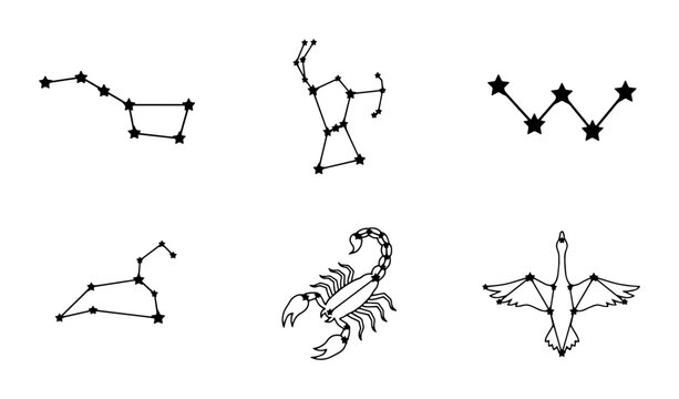 Minimalist constellation vector set, black star map icons on white background, celestial zodiac and astronomy line art collection for graphic design