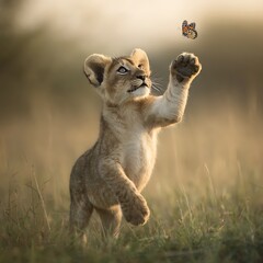 Fototapeta premium Lion Cub Pawing at a Butterfly in Soft Sunlight playing