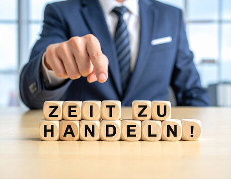 Zeit zu handeln! - Geschäftsmann zeigt auf das Wort "Zeit zu handeln!"