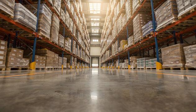 A low-angle view of tall warehouse aisles with stacked products on shelves.