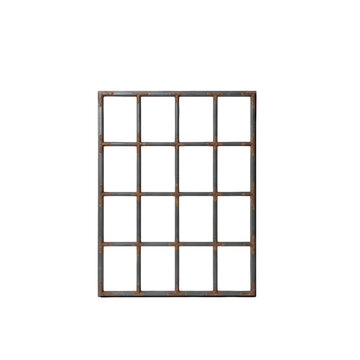 Vintage weathered wrought iron window frame with a sixteen pane grid design, charcoal grey finish and oxidized rust patina, isolated on white, rustic elegance