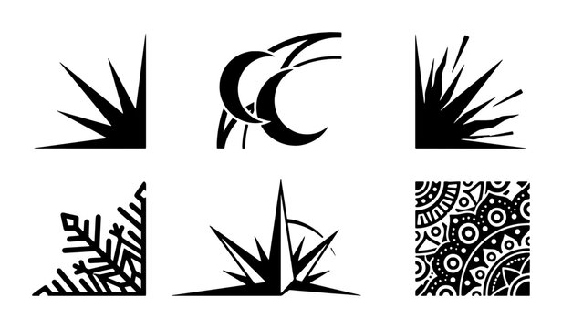 Decorative black corner borders set, 6 ornamental vector elements for page decoration, tribal sun and mandala frame accents, geometric corner designs