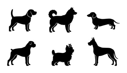 Dog breed silhouettes collection, set of 6 black canine vector icons, purebred domestic pets profile graphics for veterinary and pet shop branding © Faria