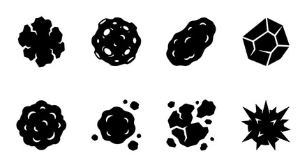 Black asteroid icons set, 8 space rock silhouettes and meteorites, celestial debris and cosmic stone vector elements for gaming and science © Faria