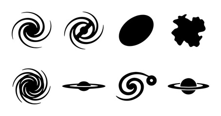 Minimalist galaxy silhouette icons, set of 8 black celestial vector elements, spiral nebula and planet symbols for astronomy infographics © Faria