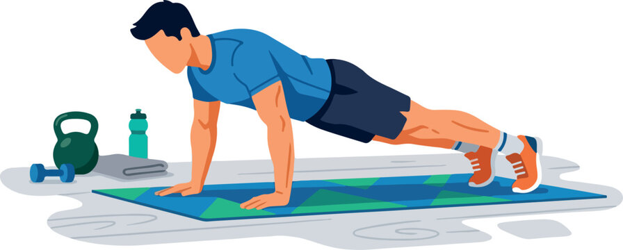 Man Doing Push-Ups On A Yoga Mat With Gym Equipment