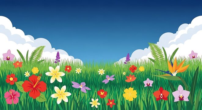 Tropical meadow background with colorful wildflowers