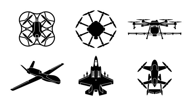 Unmanned aerial vehicle silhouettes, set of 6 drone icons and military aircraft vectors, black quadcopter and surveillance uav graphics