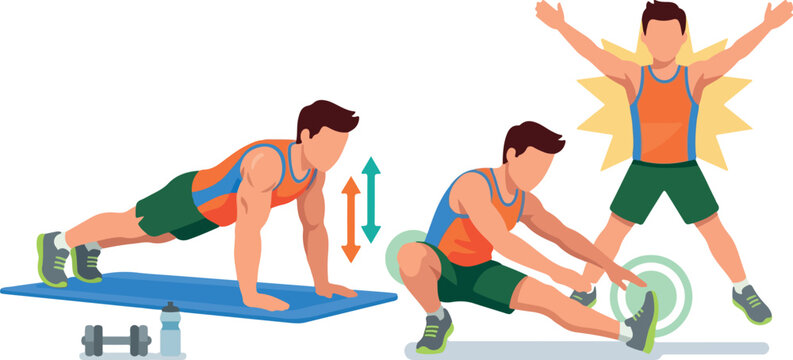 Man Doing Fitness Exercises Push-up Stretching and Jumping Jacks
